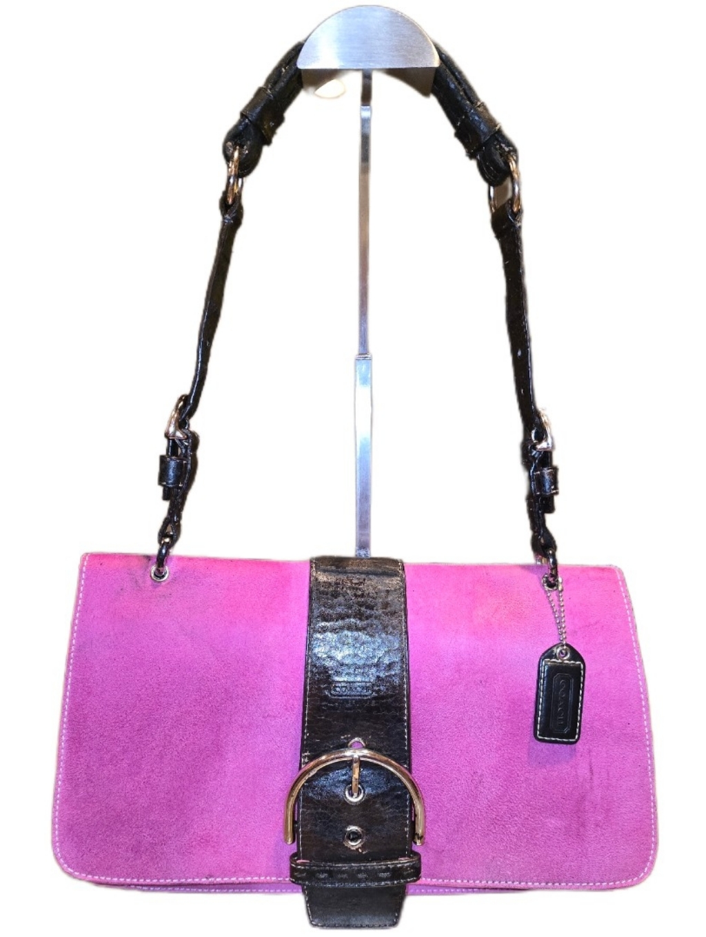 Coach Pink Suede Shoulder Bag With Brown Leather Strap